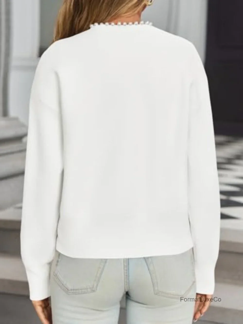 Women's Pearl Trim Cardigan Open Front Long Sleeve Knit Sweater